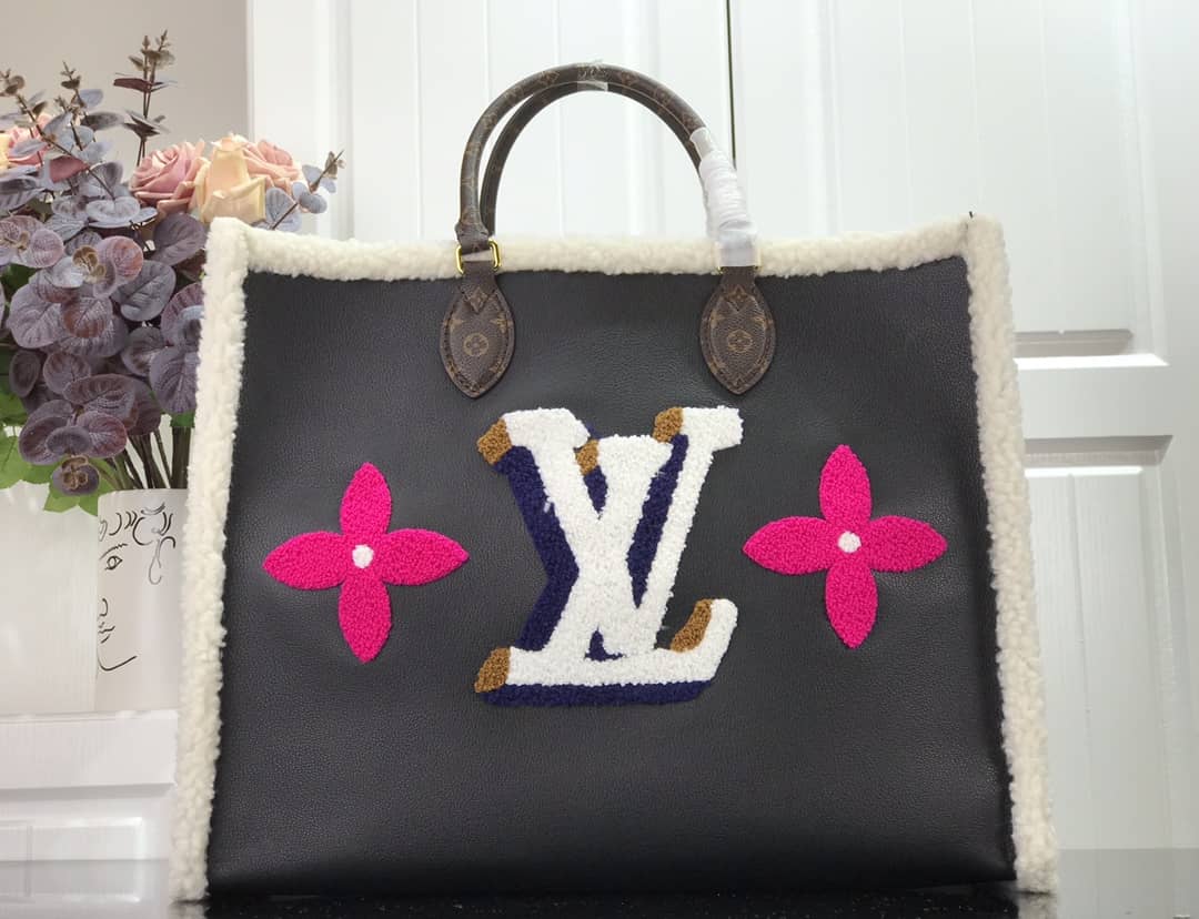 L0vis Vvtt0n Onthego GM Leather Shearling Bag Black Replica M56958