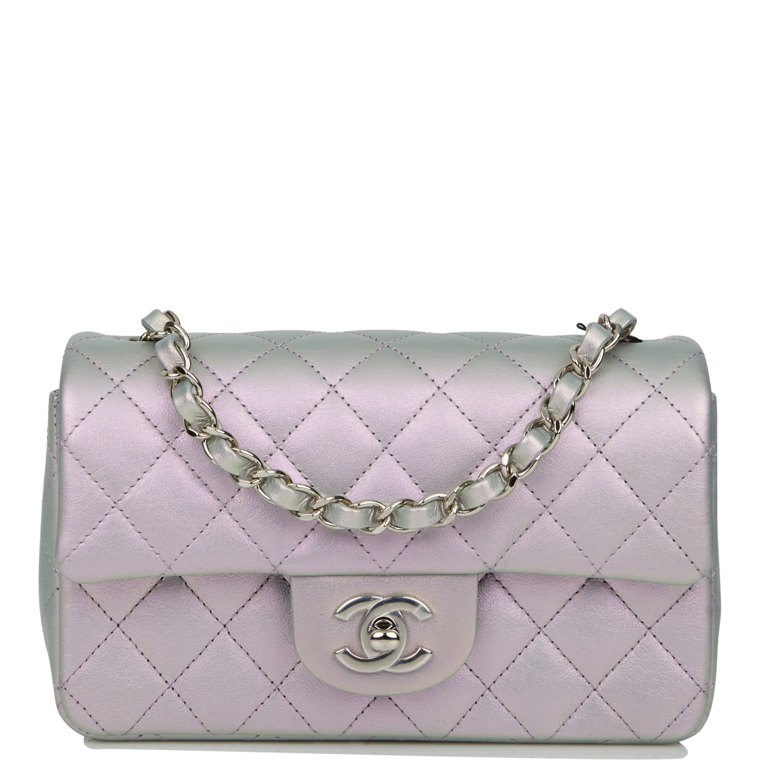 PEARL CRUSH MINI RECTANGULAR FLAP BAG LIGHT GREY LAMBSKIN ANTIQUE GOLD HARDWARE